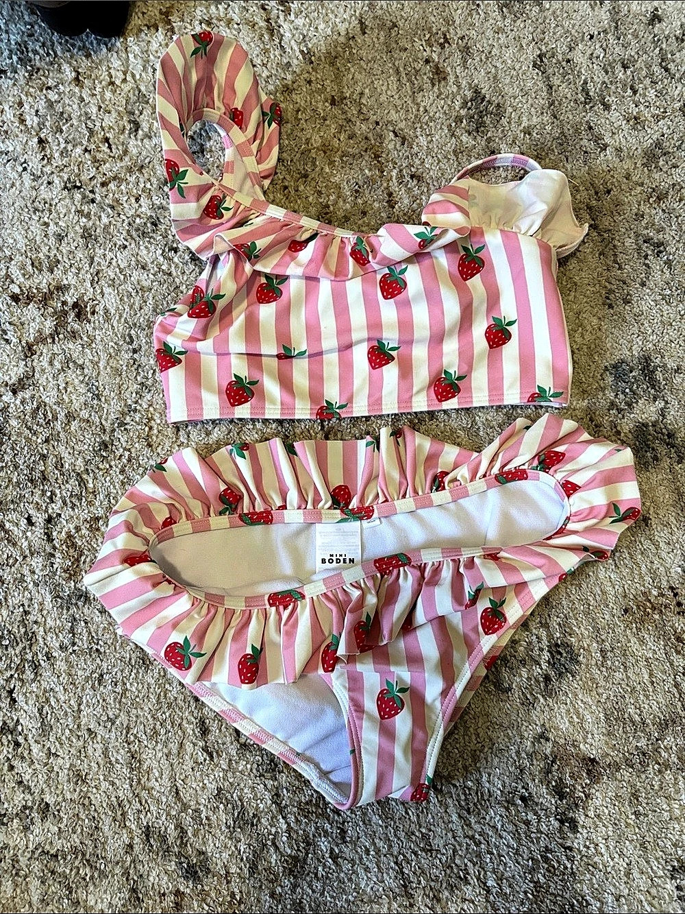 Mini Boden Strawberry Stripe Ruffle Bikini Girls size 9-10